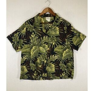 Tropical Jungle BonWorth Women M Petite Green Monstera Leaf Button Front Blouse